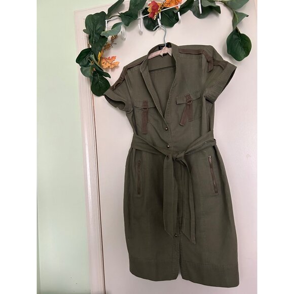 Spense Dresses & Skirts - SPENSE Army Green Shirt Dress Sz 10 LINEN Blended Belted Pockets Vneck Short Sle
